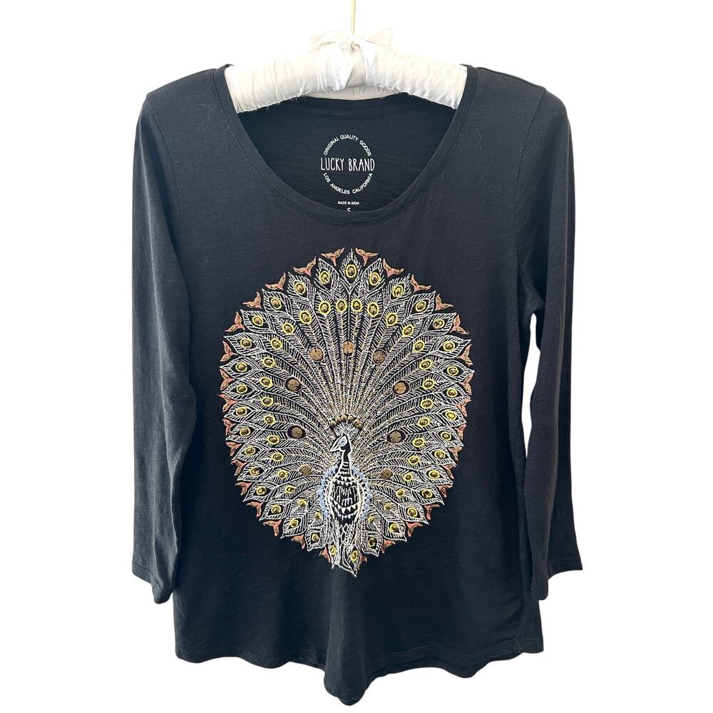 LUCKY BRAND Black Embroidered Beaded Peacock Top 3/4 Sleeve Boho Tee | Small